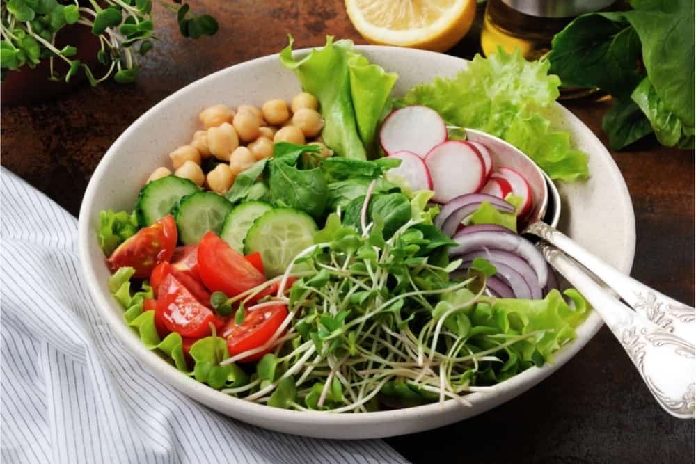 A beautiful Mediterranean salad of delicate leaves of lettuce and spinach